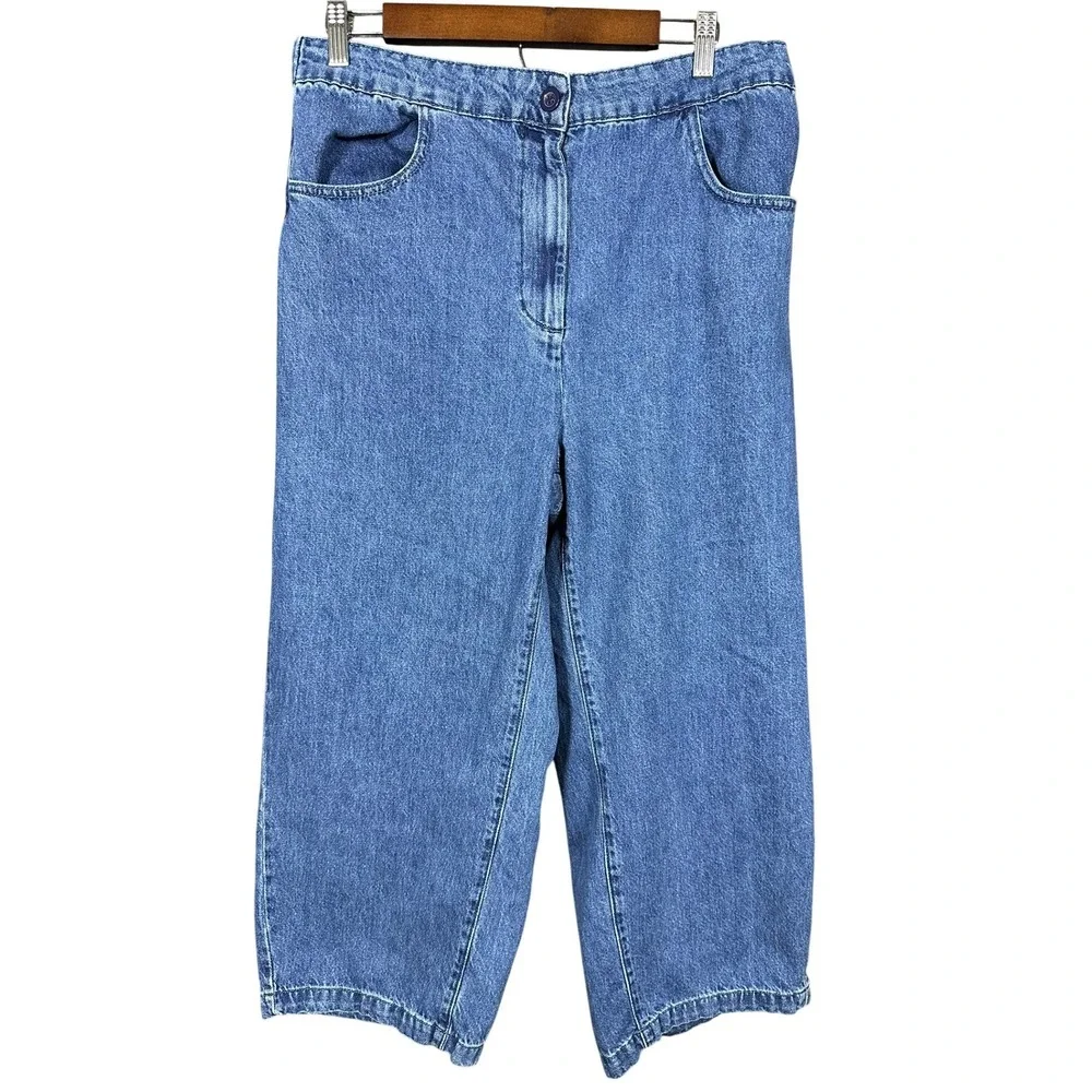 Zara Women XL Blue Denim Wide Leg Culottes High Rise Elastic Waist Cropped Pants